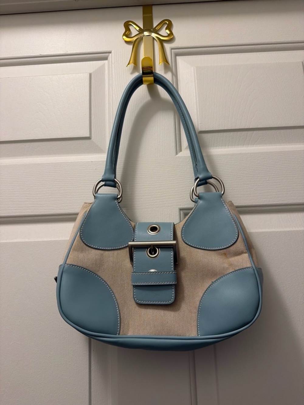 Y2K Blue Canvas & Leather Accent Shoulder Bag
